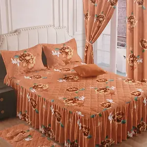 9 PCS Bed Ruffle Set  in Teal Floral Design for Home Decor King Size Comfortable Soft Texture Includes Curtains Slippers Cushion Rug