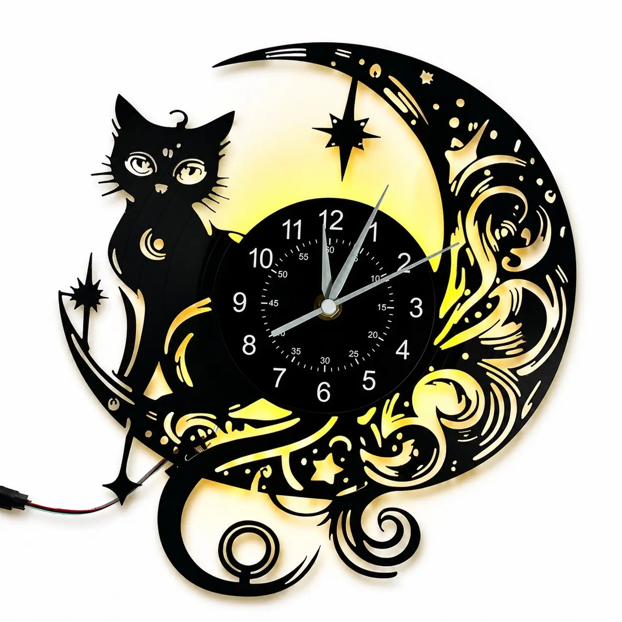 Vintage Magic Cat Vinyl Wall Clock, Star Moon Cat Design, LED Colorful Silent Running, Remote Control, Ideal Gift for Bedroom Kids Room Living Room