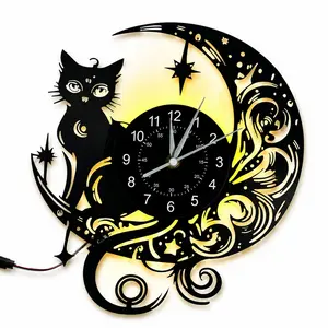 Vintage Magic Cat Vinyl Wall Clock, LED Colorful Seven-Color Clock, Remote Control, Gothic Style, Ideal Gift for Bedroom, Kids Room, Living Room