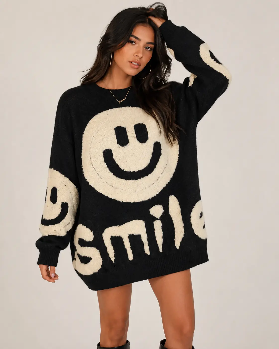 Women's Fuzzy Knit Oversized Jumper - Casual Contemporary Style, Pull-On Long Sleeve Crewneck, Chunky Comfy Fit, Happy Face Print Tunic Dress