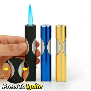 Butane Torch Lighter with a Button Ignition System, Refillable, Adjustable Blue Flame, Portable Torch Suitable for Camping, Candles, And Outdoor Activities (Butane Not Included)