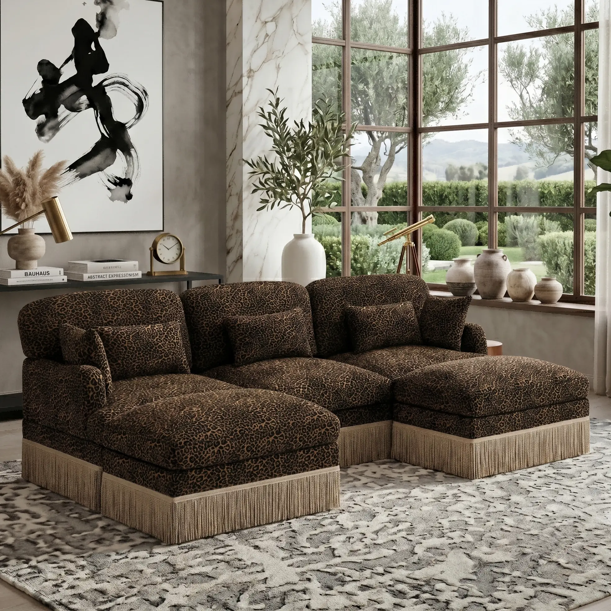 Eyisean 100" Chenille Modern Modular L/U-Shaped Sectional Sofa, Comfy Fashion Couch with Leopard Print & Tassel Edge, 3-Seater Ergonomic Deep Seat Upholstered Sofa with Lumbar Pillow & Ottomans, Easy Assembly for Living Room