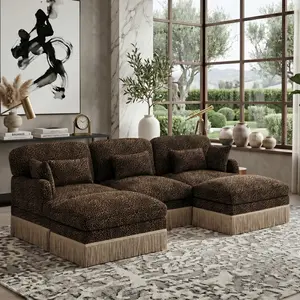Eyisean 100" Chenille Modern Modular L/U-Shaped Sectional Sofa - Comfy Couch with Leopard Print, Tassel Edge, Lumbar Pillow & Ottomans, 3-Seater Ergonomic Deep Seat Upholstered Modern Furniture, Easy Assembly for Living Room