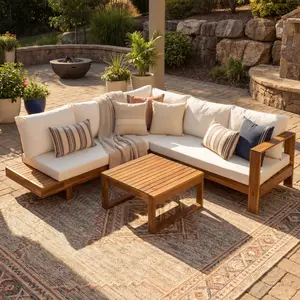 Crafted from high-quality Acacia wood, our Outdoor Solid Wood Sectional Sofa features a robust construction that ensures durability and longevity in any outdoor setting.  The unique splicing design of this sofa showcases an eye-catching panel style, seaml