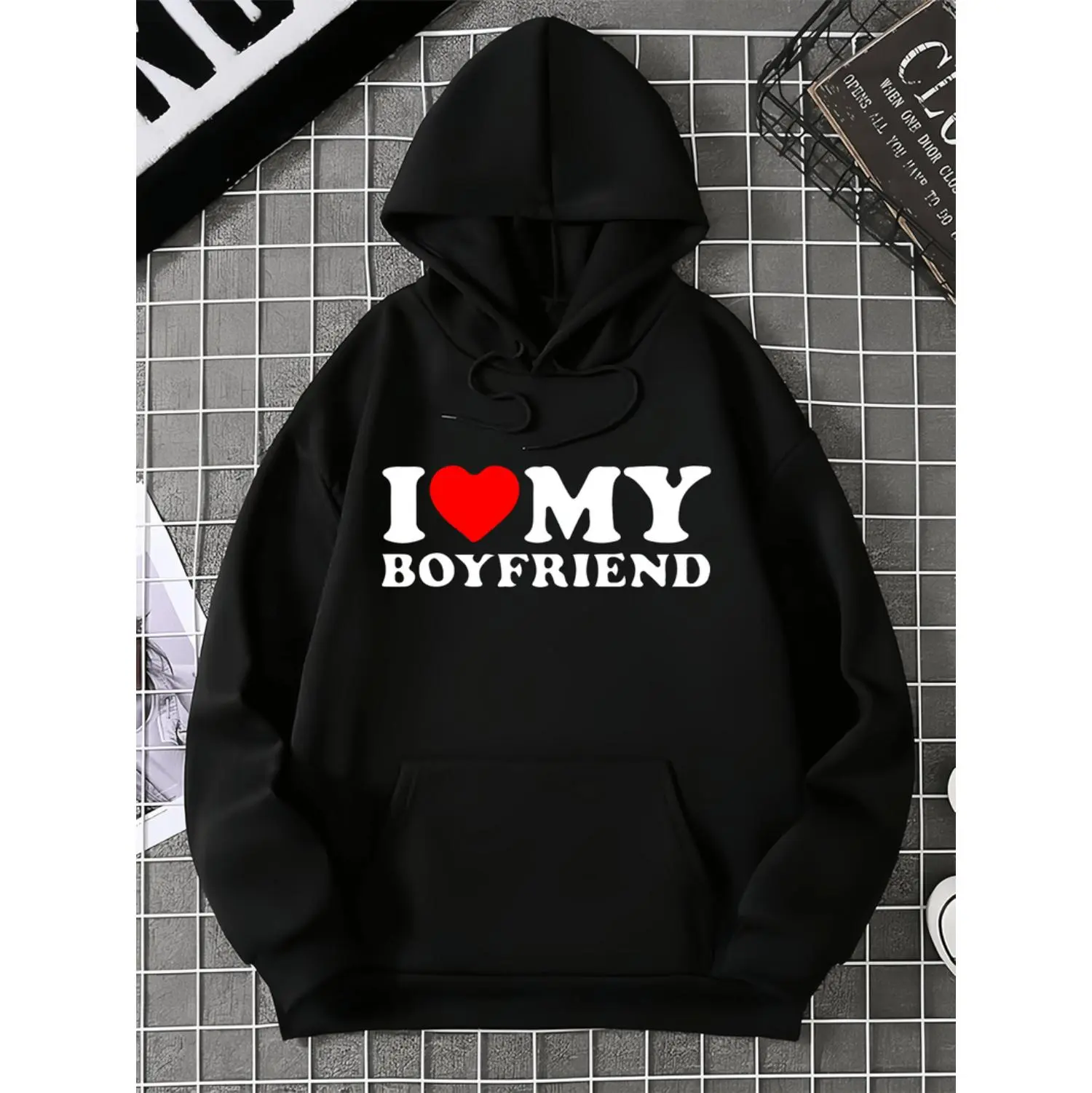 Men's Casual I Love My Boyfriend Heart Print Pullover Hoodie, Long Sleeve Cotton Blend with Kangaroo Pocket, Fall Winter Couple Gift for Boyfriend, Longsleeves, Gifts For Boyfriend