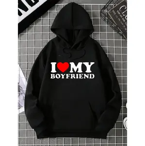 Cozy Cotton Blend Heart Print Hoodie - I Love My Boyfriend Pullover with Kangaroo Pocket - Casual Streetwear for Men, Perfect Valentine's Gift