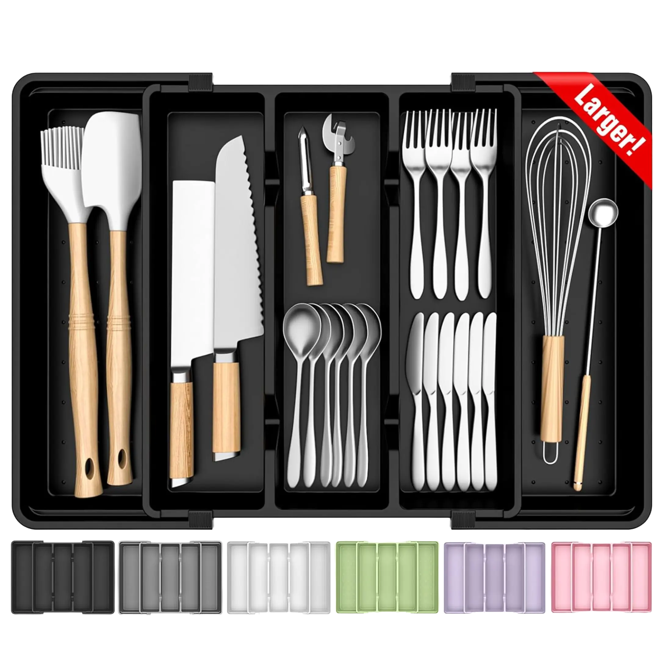 Large Plastic Rectangle Silverware Organizer - Expandable BPA-Free Cutlery Tray, 1-Pack Kitchen Drawer Storage Boxes for Spoons, Forks, Knives