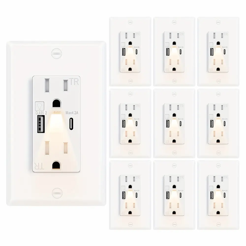 2/10 pcs, USB C Outlet with Night Light (Manual), 15A 125V High Speed Night Light Wall Outlet 4.2A USB A/C Ports Electrical Outlet Tamper-Resistant for Home, Dorm Room, ETL Listed, Wall Plate Included, White
