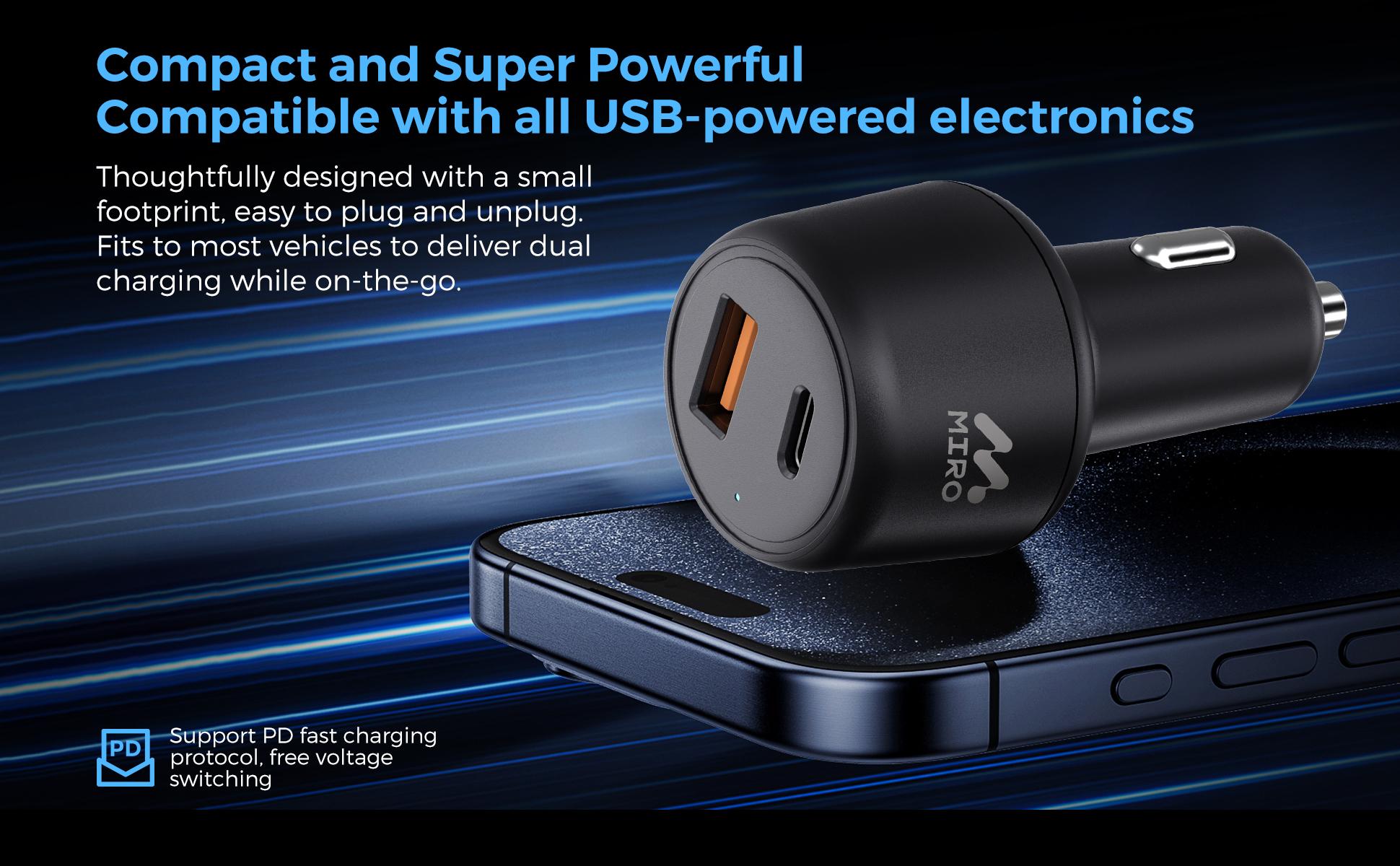 Miro D3 Car Charger 83W Dual-Port Fast Charging 65W PD 18W QC3.0 Safe Compact USB-C & USB-A Ports Miro D3 Car Charger 83W Dual-Port Fast Charging 65W PD 18W QC3.0 Safe Compact USB-C & USB-A Ports