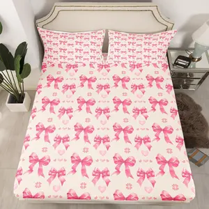 Cute Bowknot Fitted Sheet Full Size Dreamy Pink Bow Princess Style Watercolor Love Hearts Graffiti Girly Bedding Deep Pocket for Children Teens Young with 2 Pillowcases