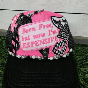 Born Free But Now I'm Expensive Pink & Black Beaded Otto foam Snapback Hat with Checkered Design