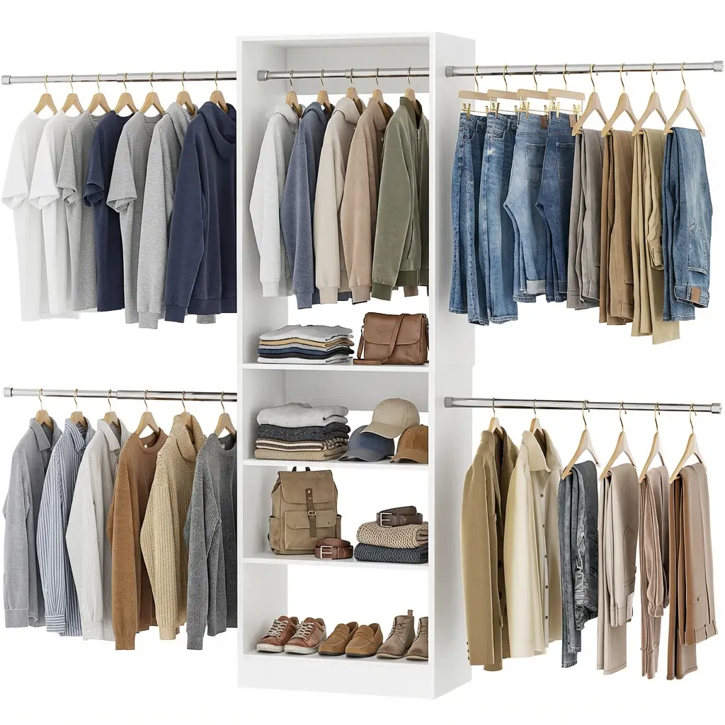 Homieasy Closet Organizer System, 4.5-10ft Modular Wooden Storage with 5 Hanging Rods & Shelving Tower, Adjustable for Walk-in Reach-in Bedroom Closets,