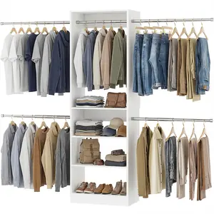 Homieasy Closet Organizer System, 4.5-10ft Modular Wooden Storage with 5 Hanging Rods & Shelving Tower, Adjustable for Walk-in Reach-in Bedroom Closets,