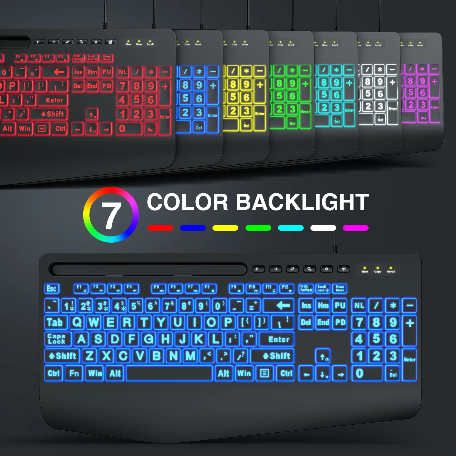 SABLUTE KX213 Large Print Backlit Wired Keyboard & Mouse Set with Wrist Rest 7-Color Backlight Ergonomic Design for Seniors Students Plug and Play Compatibility Gaming Items