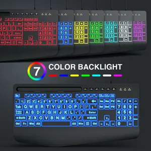 SABLUTE KX213 Large Print Backlit Wired Keyboard & Mouse Set with Wrist Rest 7-Color Backlight Ergonomic Design for Seniors Students Plug and Play Compatibility Gaming Items