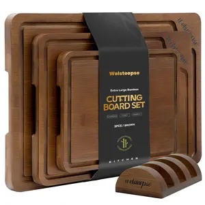 Welsteepse 3-Piece Bamboo Cutting Board Set Extra Large and Thicken Chopping Boards, with Storage Stand, Deep Juice Grooves, Non-Slip Rubber Feet, Double Handles and Premium Gift Box Cheese Boards for Cooking and Hosting