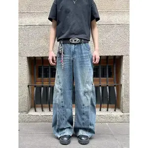 2025 Ropa Y2K Streetwear Washed Blue Patchwork Baggy Jeans Pants For Men Clothing Vintage Wide Leg Denim Trousers Pantalon Homme