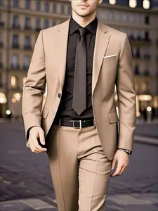 2pcs Men'S Slim Fit Black Suit Set - Long Sleeve, Polyester Blazer & Dress Pants with Pockets - Elegant Lapel Collar, Button Detail, All-Season Formal Wear for Weddings, Work, Business Meetings, Wedding Attire, Sophisticated Style, Tailored Fit