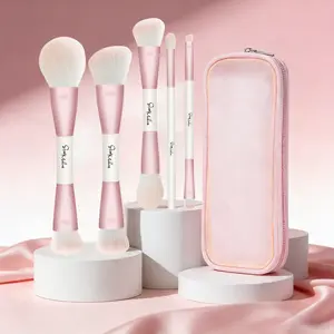 START MAKERS Makeup Brushes 5Pcs Dual Ended Pink Makeup Brush Set for Foundation Blush Bronzer Concealer Contour Powder Highlight Eyebrow Eyeshadow Blending, Travel Makeup Brushes with Bag Colorful Brush Set with Powder Puff Nylon Bristle
