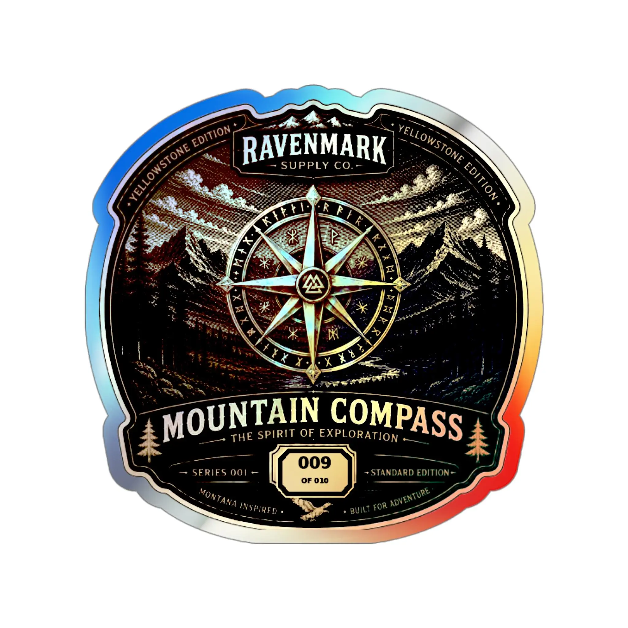 Ravenmark Mountain Compass Holographic Sticker | Yellowstone Edition Collector #009 of 010 | Waterproof Die Cut Vinyl Decal | Montana Outdoor Adventure Sticker | Laptop Water Bottle Cooler Truck...