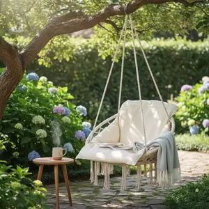 Macrame Single Hammock Hanging Chair with Oversized Padded Cushion, Indoor&Outdoor, Hammock Swing