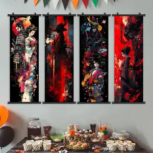 Anime Character Pattern Wall Art, 4 Counts/set Graffiti Art Samurai Poster, Cool Character Mural, Vibrant Cartoon Design, Perfect Living Room Decor, Bedroom Decoration
