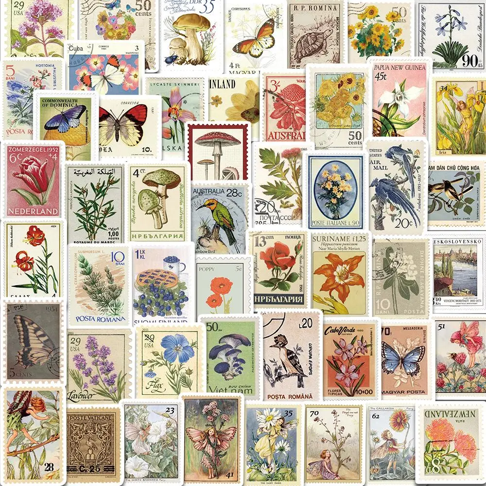 Vintage Flower & Butterfly Pattern Stamp Design Stickers, 50/1000pcs Retro Self Adhesive Craft Stickers, DIY Decorative Stamp for Scrapbooking, Journaling, Gift Wrapping, Stickers Kit