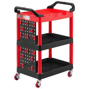 【DealsForYouDays】VEVOR Utility Cart, 300 lbs Capacity, 3 Tier Service Cart with 360° Swivel Wheels (2 with Brakes), Heavy Duty Plastic Rolling with Trays and Pegboards, Tool Storage for Garage, Warehouse & Repair Shop