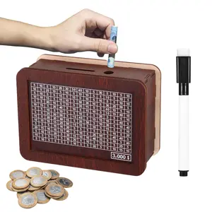 Dark Brown Retro Minimalist Wooden Piggy Bank with Savings Counting Target, Room Accessories Coin Storage Box, Home Decor Gift for Adults