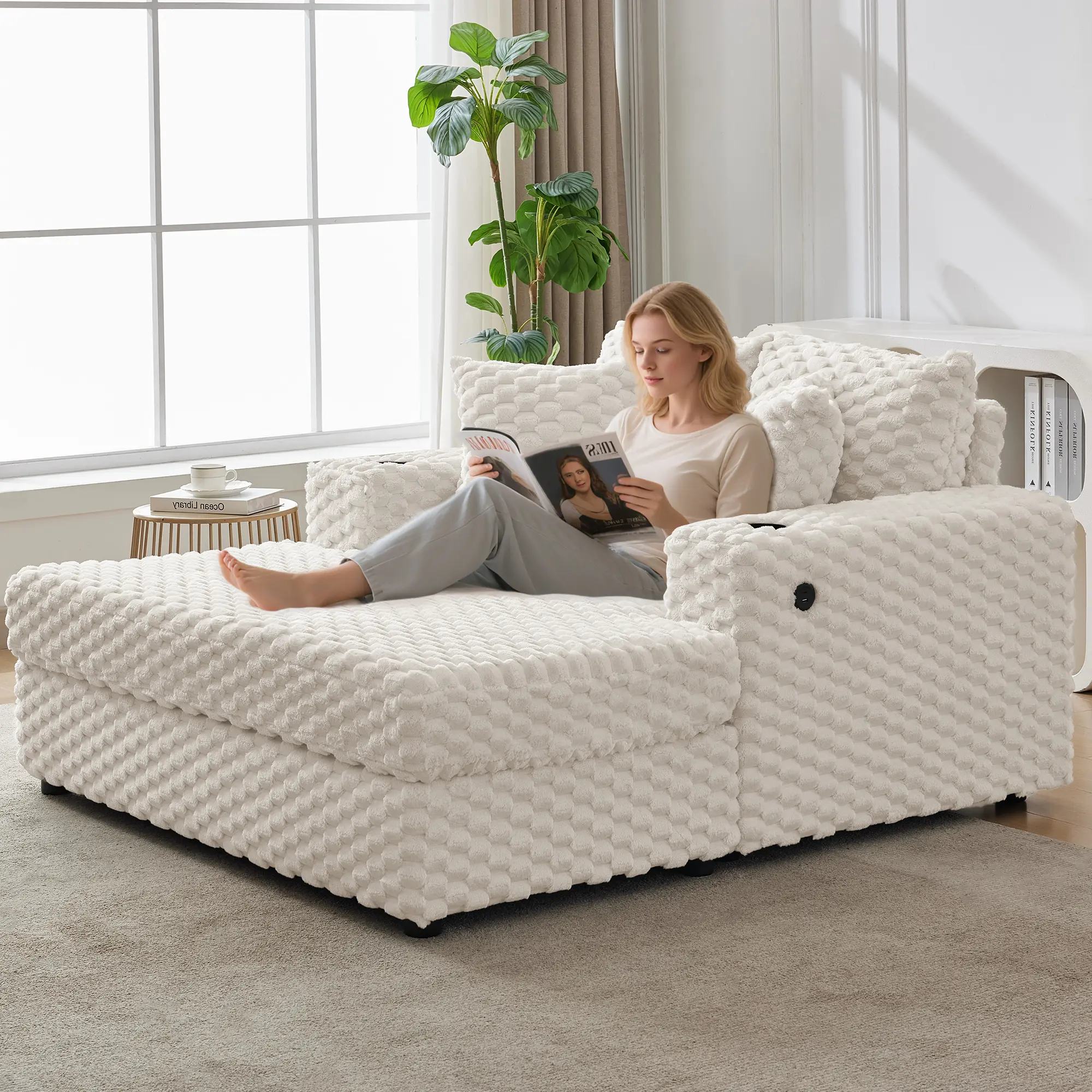 60" Oversized Sleeper Sofa with Cup Holder, Oversized Indoor Chaise Lounge, Upholstered Sofa Bed Sleeper Chair with Throw Pillows & Armrests, Cozy Reading Chair for Living Room Bedroom