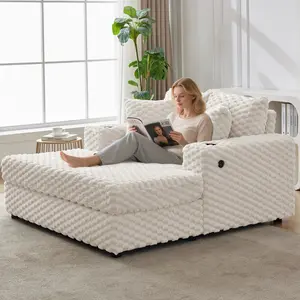 60" Oversized Sleeper Sofa with Cup Holder, Oversized Indoor Chaise Lounge, Upholstered Sofa Bed Sleeper Chair with Throw Pillows & Armrests, Cozy Reading Chair for Living Room Bedroom