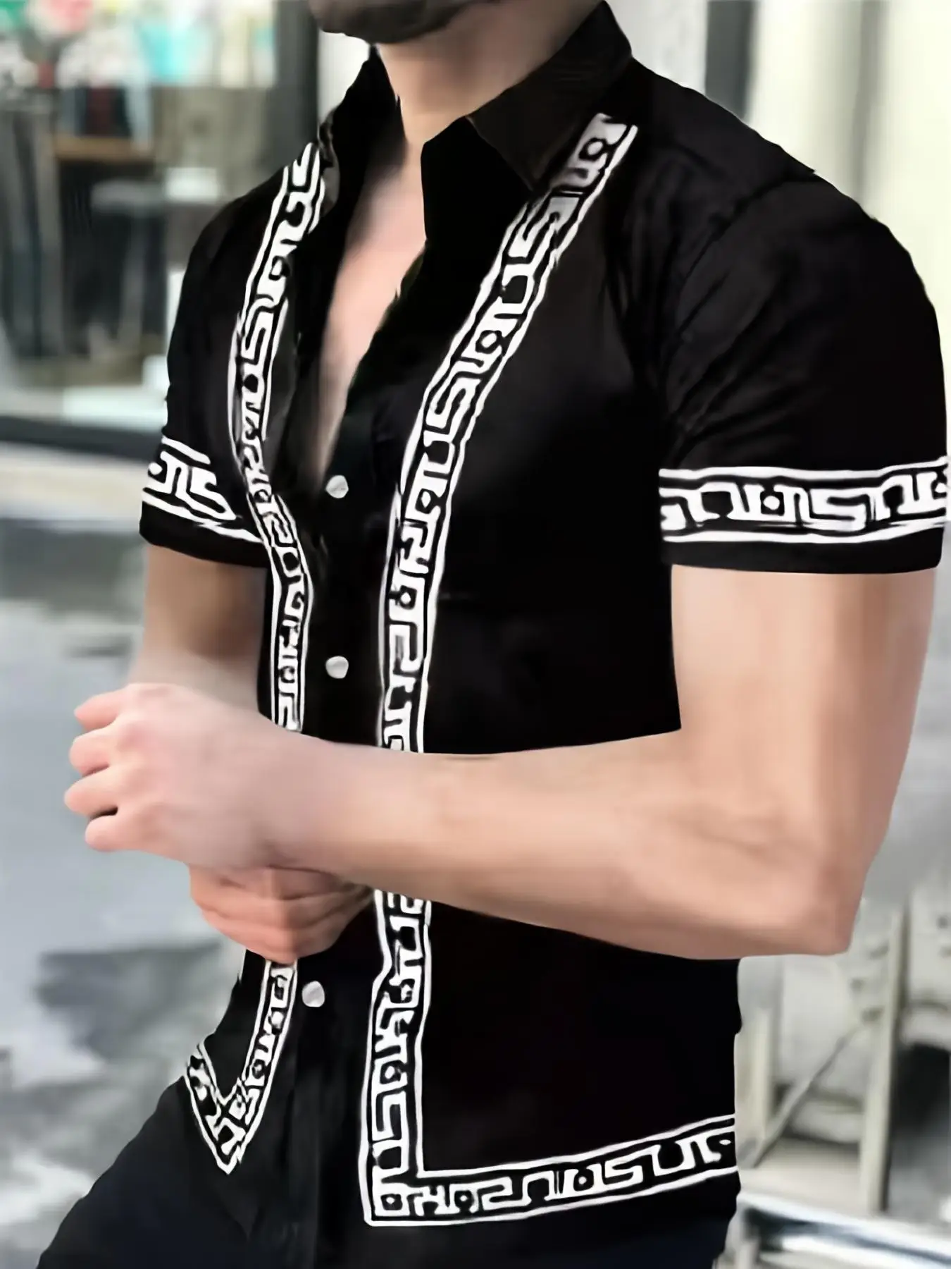 Men's Ethnic Patchwork Print Button Front Shirt, Regular Fit Casual Streetwear Short Sleeve Collared Top for Daily Outdoor Wear, Summer Outfits 2024,