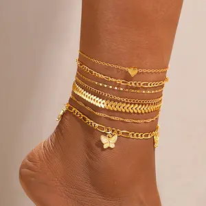 New Golden Heart Butterfly Pendant Multi-layer Anklet Beach Anklet Set 7-piece Summer Accessories