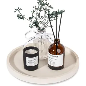 Silicone bathroom tray, round vanity tray, decorative soap holder, kitchen countertop organizer, coffee table decoration, suitable for placing candles, perfumes, plants, 9inch, beige