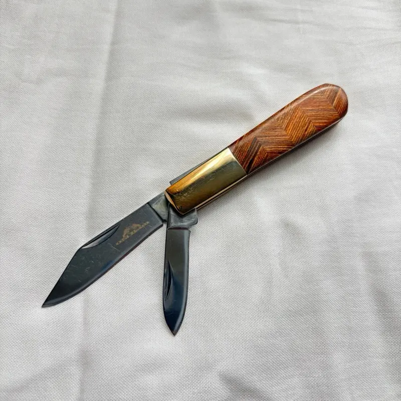 RRE Barlow Vintage Retro Trapper Folding Pocket Knife - 2 Sharp Stainless Steel Blades, 3.5” Chevron Stripe Wood Handle for Camping, Bushcrafting, Outdoor Use