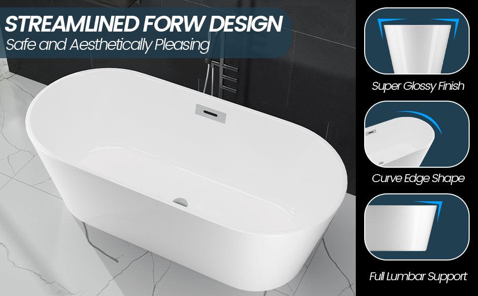 【GARVEE】59" Freestanding Acrylic Bathtub for Bathroom, Contemporary White Soaking Tub with Chrome Overflow and Drain, Marine Acrylic Material, cUPC Certified