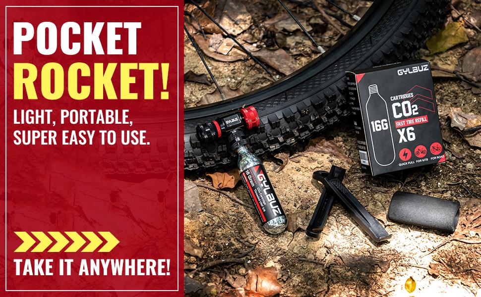 CO2 Inflator with 6x16g CO2 Cartridges - Presta and Schrader Valve Compatible Portable Bike Tire Pump with Insulated Sleeve for Road and Mountain Bicycle