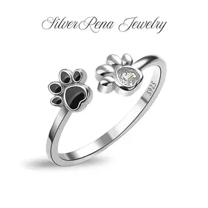 S925 Mother's Day Sterling Silver Pet Memorial Ring, Unisex Thumb Ring with Cat Paw Design, Elegant and Casual Style Open Ring Jewelry for Women, Birthday Valentine's Day Gift for Girls Lover, Daily Wear and Party Jewelry