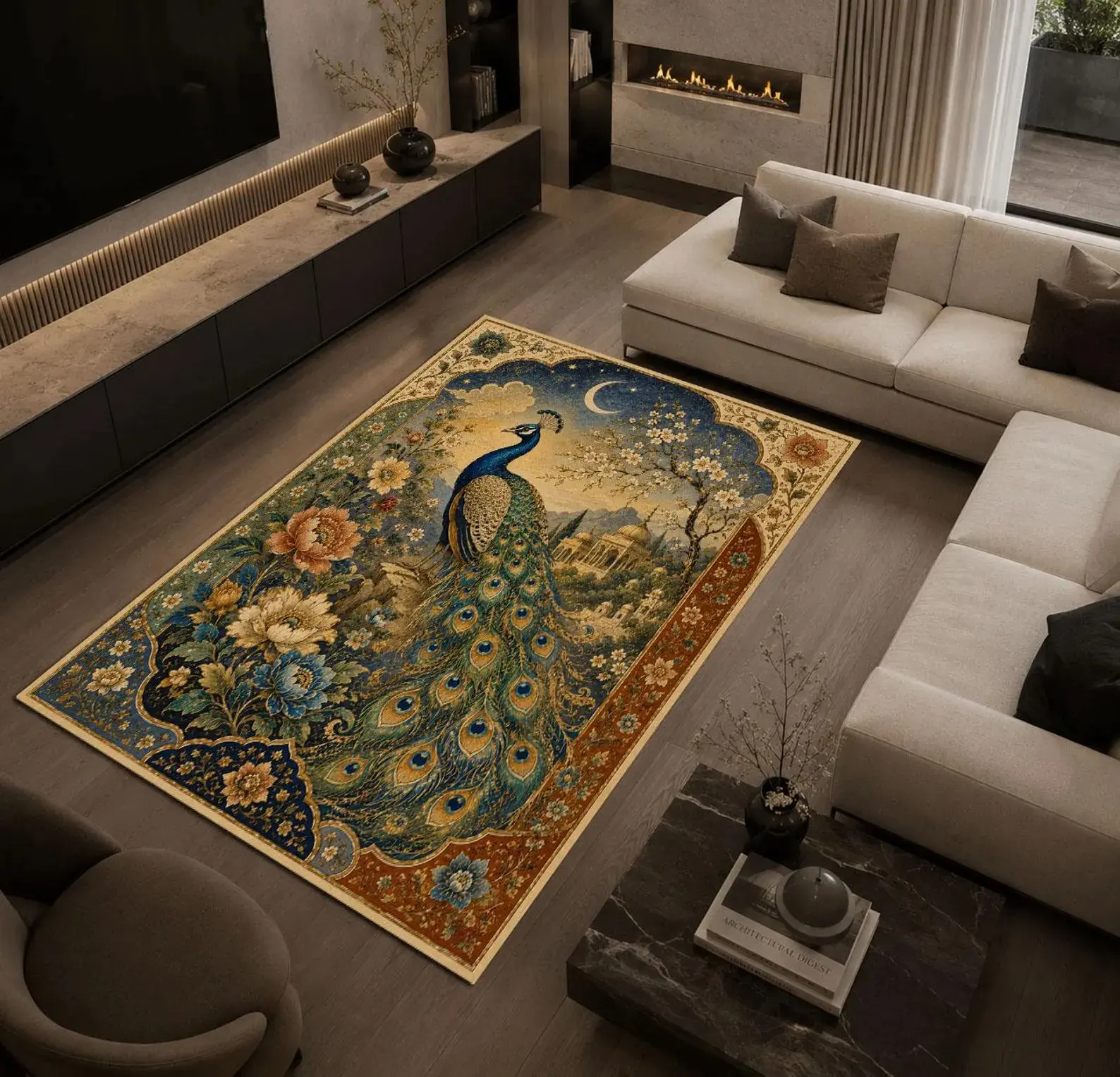 Moonlit Peacock Rug, Elegant Bird Area Rug, Celestial Garden Carpet, Luxury Floral Statement Rug for Home Decor