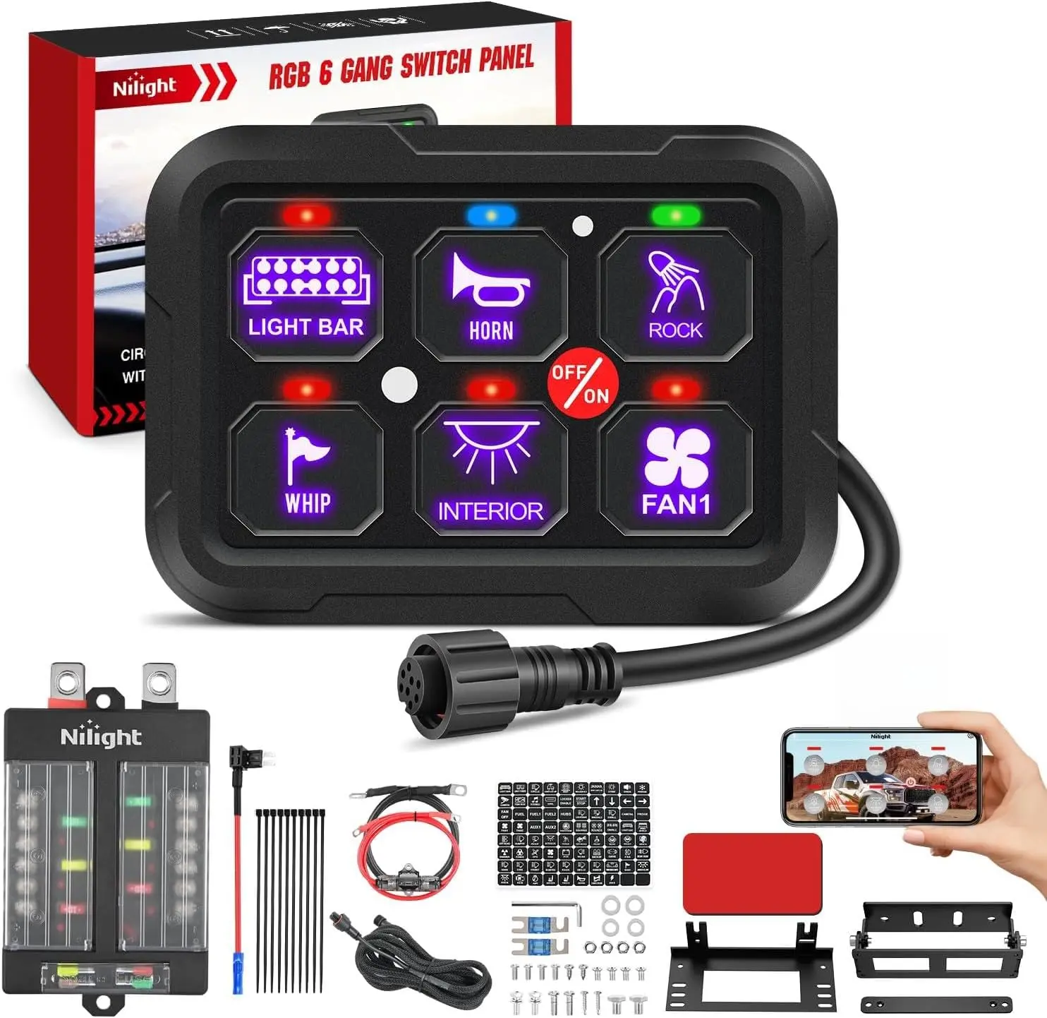 Nilight 6-Gang Universal Circuit Control Relay System, 12-24V DC Universal Fitment, RGB Backlight App-Controlled Dimmable LED Switches, Compact Mounting Hardware-Equipped Box for Car, Pickup Truck Owners Accessories