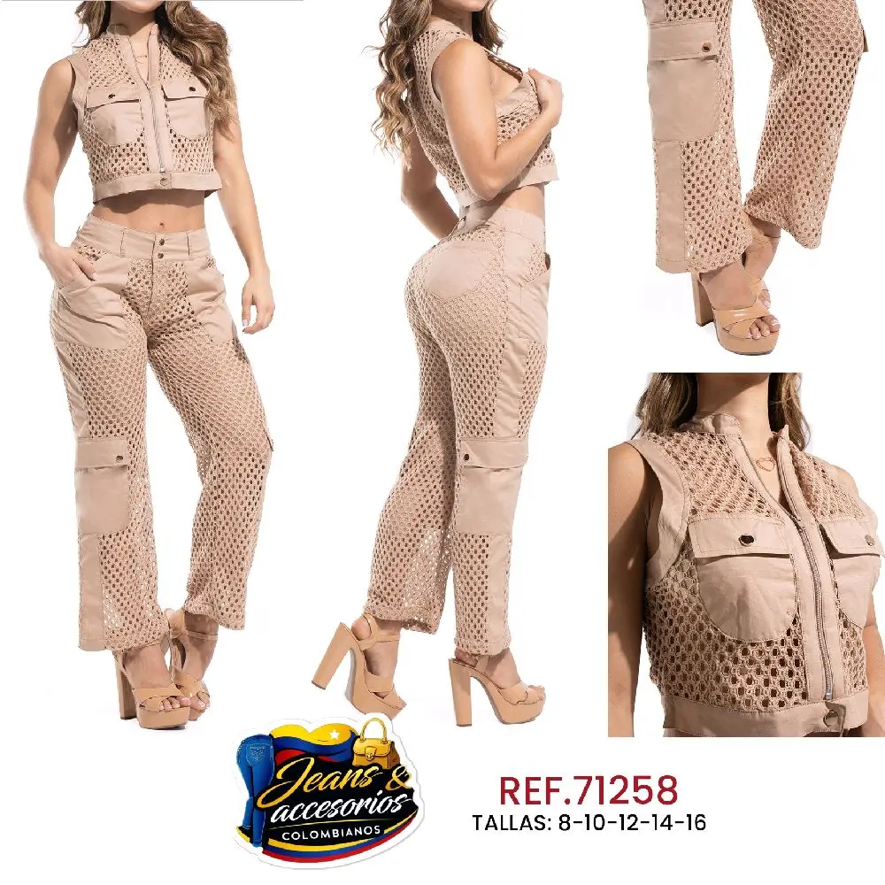 CAMEL CROP TOP AND PANTS SET WITH CARGO POCKETS COLOMBIAN Casual Clothing
