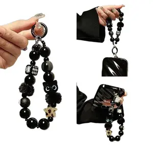 1PCS Luxury Black Fluffy Cat Mobile Phone Strap With Beaded Handle Chain Wrist Anti-Theft Clip Bag Accessory