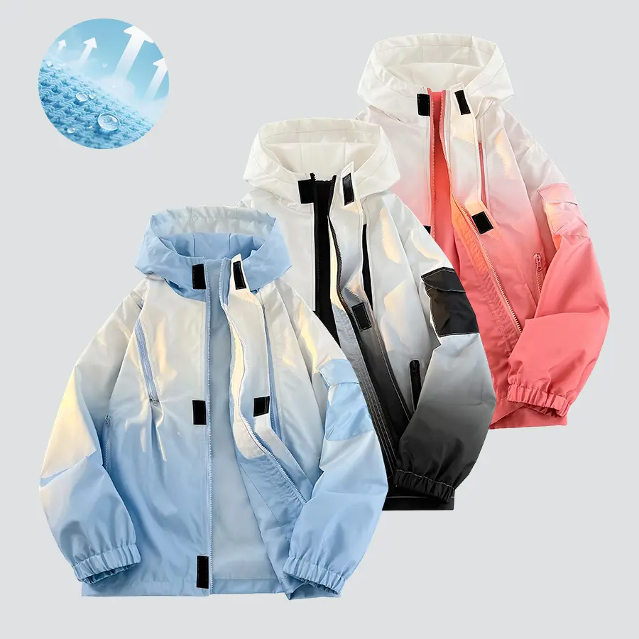 Men’s Gradient Long Sleeve Hooded Workwear Jacket - Menswear Tops, Loose Fit, Multiple Pockets, Windproof Casual Streetwear Coat