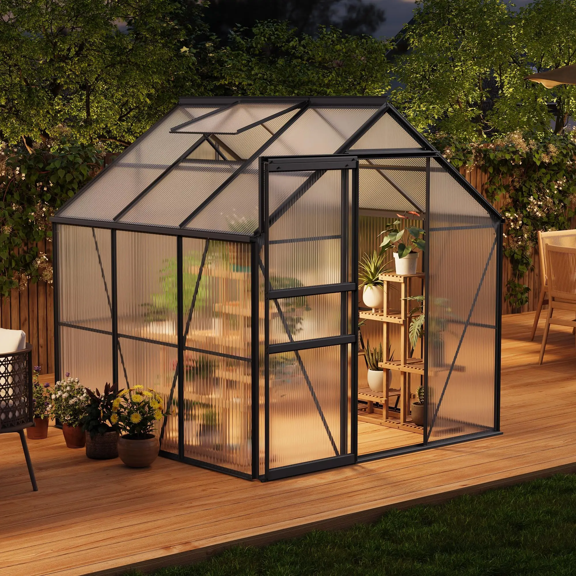 Garvee 6x6 FT Heavy Duty Polycarbonate Rectangle Walk-in Greenhouse - Sturdy Aluminum Frame, Sliding Door, Adjustable Roof Vent, Rain Gutter, Ample Space, Natural Light, 24/7 Customer Support for Patio Winter Gardening, Ventilation, Weather Resistant, Com