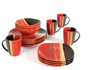 Red 16pc Stoneware Dish Set Modern Square Dinner Salad Plates Cereal Bowls Mugs