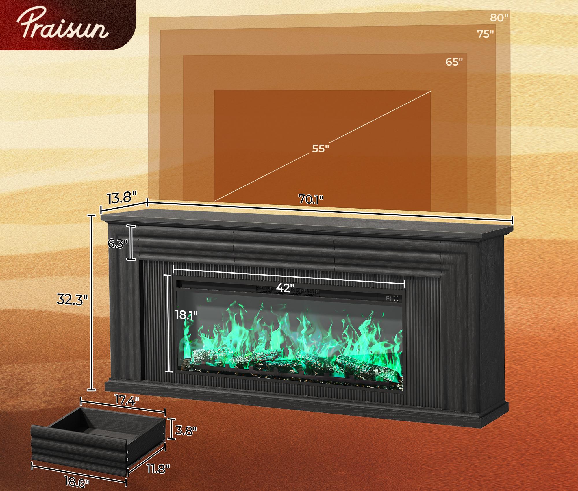 【2 Packages Shipping】PRAISUN 70'' Fireplace TV Stand with 42'' Electric Fireplace, Farmhouse TV Stand for 65 75 Inch TV, Entertainment Center TV Console with 3 Drawers, Fluted Design, for Living Room