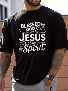 Religious Men's Faith T-Shirt - Blessed by God, Loved by Jesus, Led by the Spirit Inspirational Graphic Print, 100% Cotton Loose Fit Casual Short Sleeve Crew Neck Shirt