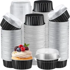 400 Pcs Aluminum Foil Baking Cups with Lids 5 oz Disposable Ramekins Mini Cake Pans Creme Brulee Cupcake Liners Muffin Tins Flan Mold Dessert Container for Wedding(Black,Classic)