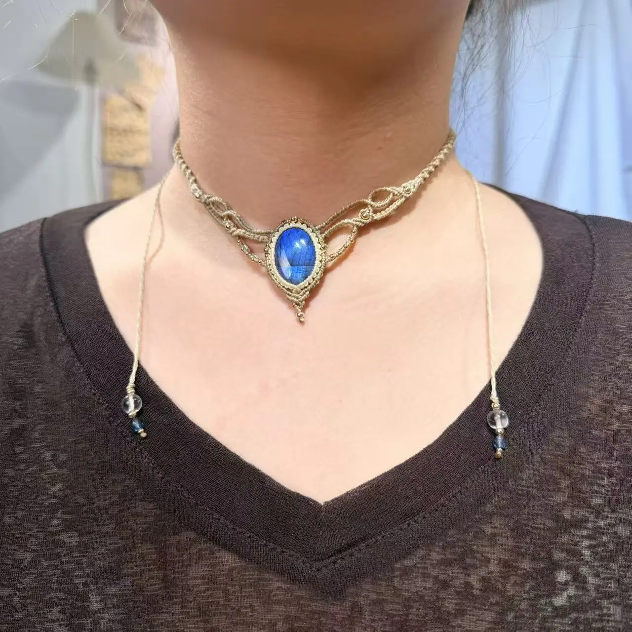 Labradorite Necklace Macrame Handcrafted Unique Gift Boho Ethnic Minimalist Jewelry Stone of Magic Made to Order