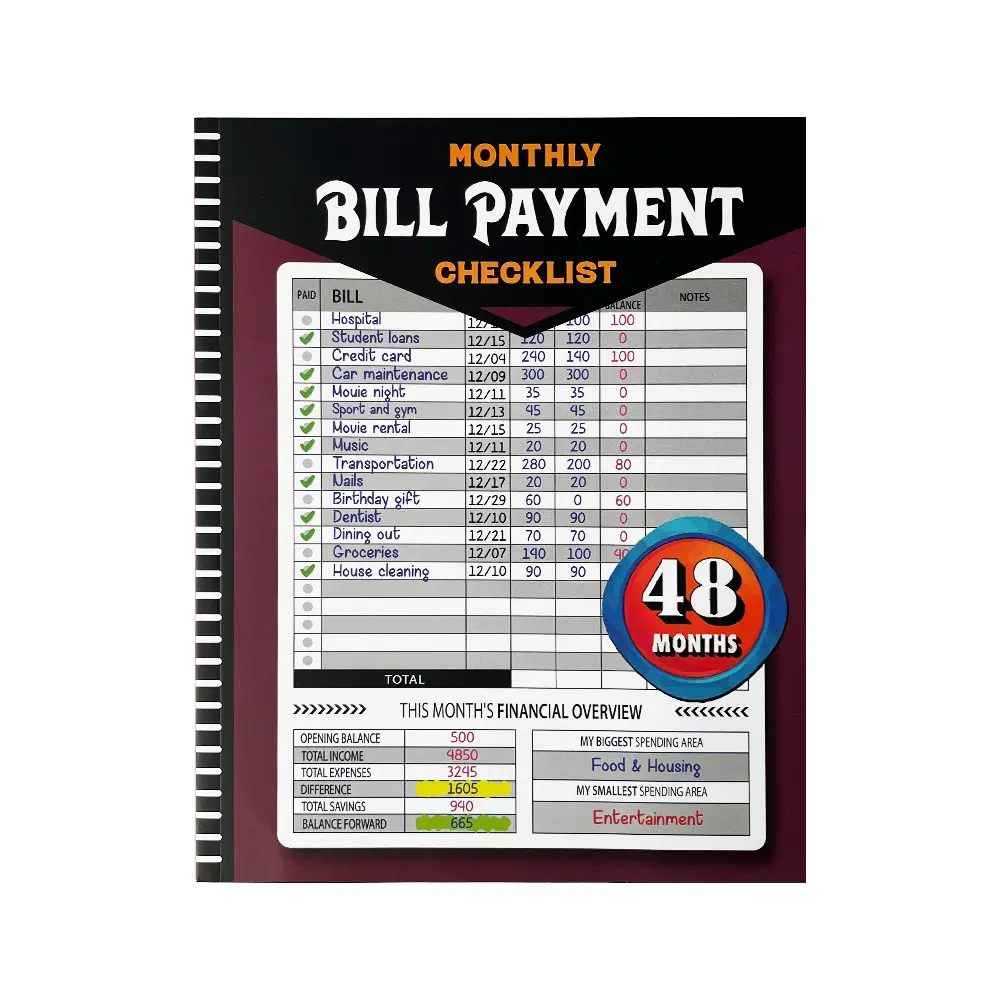 48-Month Budget Tracking Notebook,Monthly Financial Organizer,English Paper Material for Personal Finance Management,Weekly Planner Bill Payment Checklist,Office Stationery Supplies
